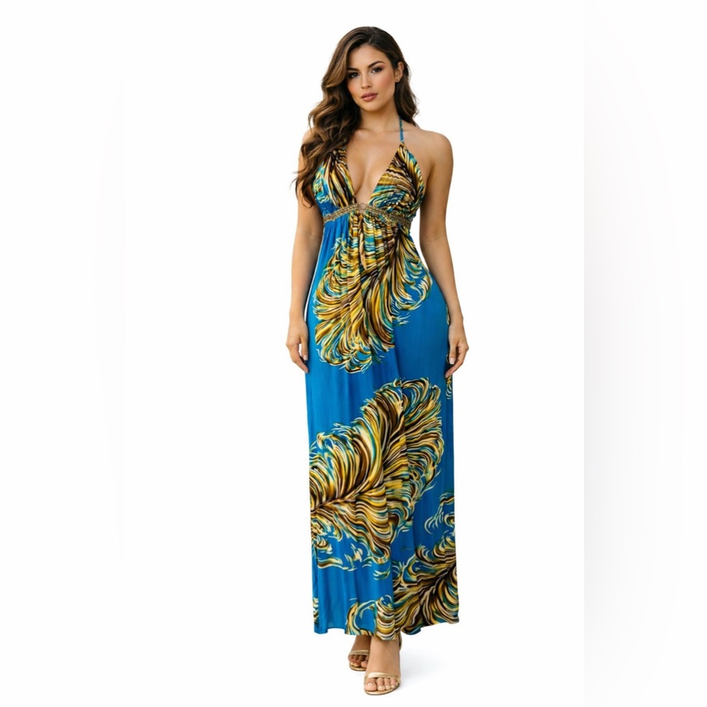 Sky Brand Silk Maxi Dress S Blue Gold Goldtone Feather Chains Jewelry NEW